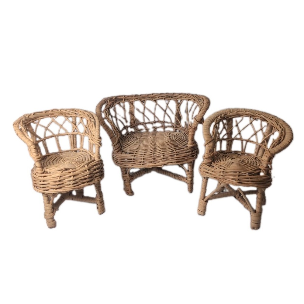 1970s 3Pc Wicker Rattan Doll House Furniture Couch W/2 Chairs Patio Set 4"x5"